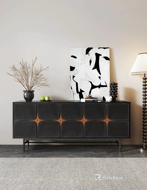 Modern Entryway Console Side Cabinet With Black Geometric Panels And Decorative Artwork 3d model