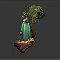 Cartoon Scene Featuring Floating Island With Green Tree Cactus House Red Door And Small Plants