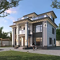 Two Story Modern Detached Villa Exterior Design with Porch Lawn Trees and White Car