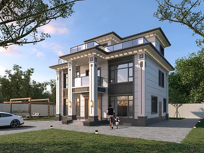 Two Story Modern Detached Villa Exterior Design with Porch Lawn Trees and White Car 3d model