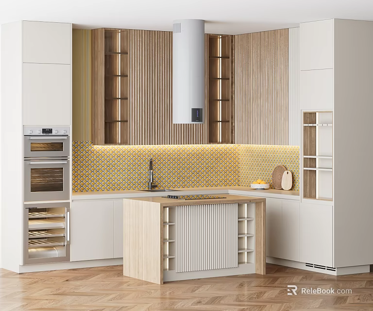Modern Kitchen Interior With White Wooden Cabinets Island And Tile Backsplash 3d model 