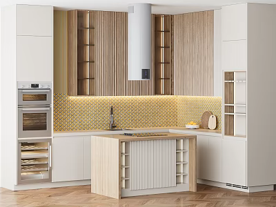 Modern Kitchen Interior With White Wooden Cabinets Island And Tile Backsplash 3d model