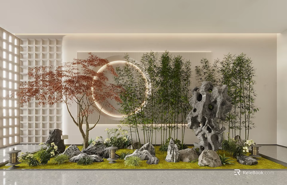 Modern Garden Landscape Design With Circular Light Red Maple Bamboo Rockery Stones And Green Lawn 3d model 