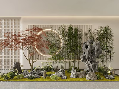 Modern Garden Landscape Design With Circular Light Red Maple Bamboo Rockery Stones And Green Lawn 3d model