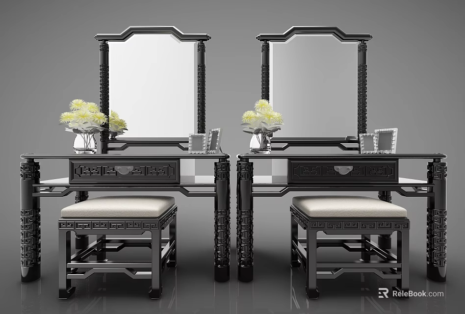 Traditional Chinese Dressing Tables With Carved Frames Mirror Stools White Cushions And Flower Decorations 3d model 
