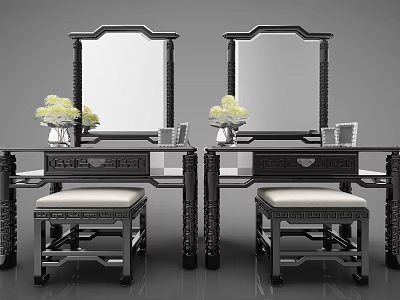 Traditional Chinese Dressing Tables With Carved Frames Mirror Stools White Cushions And Flower Decorations 3d model