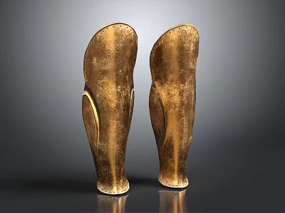 Two Shiny Golden Metallic Leg Armor With Curved Design And Glossy Finish 3d model