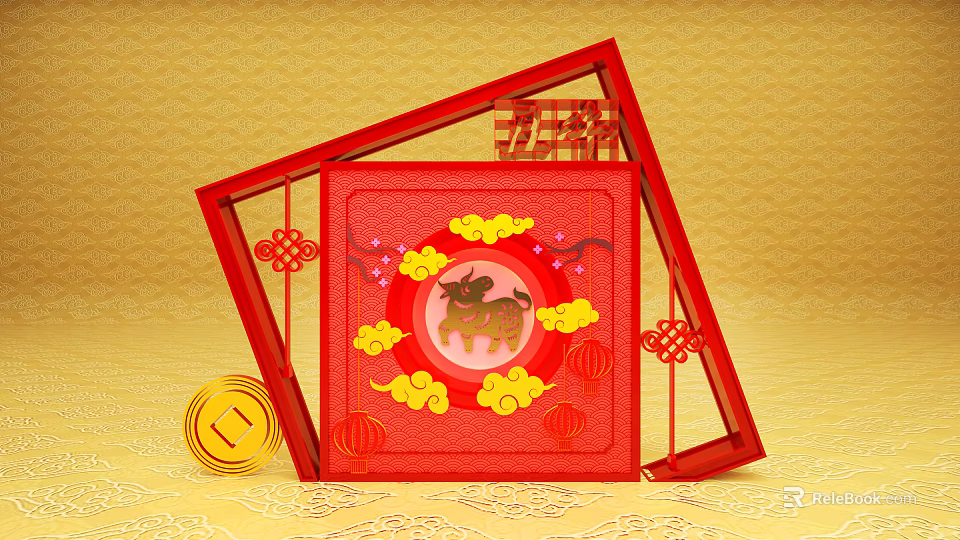Traditional Chinese New Year Decoration With Red Frame Fu Character Ox Design And Gold Coin 3d model 