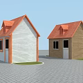 Wooden Houses with Red Roofs White and Brown Walls Green Grass and Gray Brick Ground