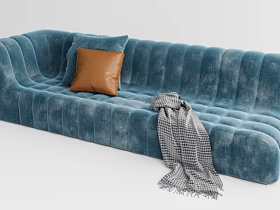 Blue Velvet Multi Seater Sofa With Wavy Tufted Design Brown Leather Cushion And Plaid Blanket 3d model