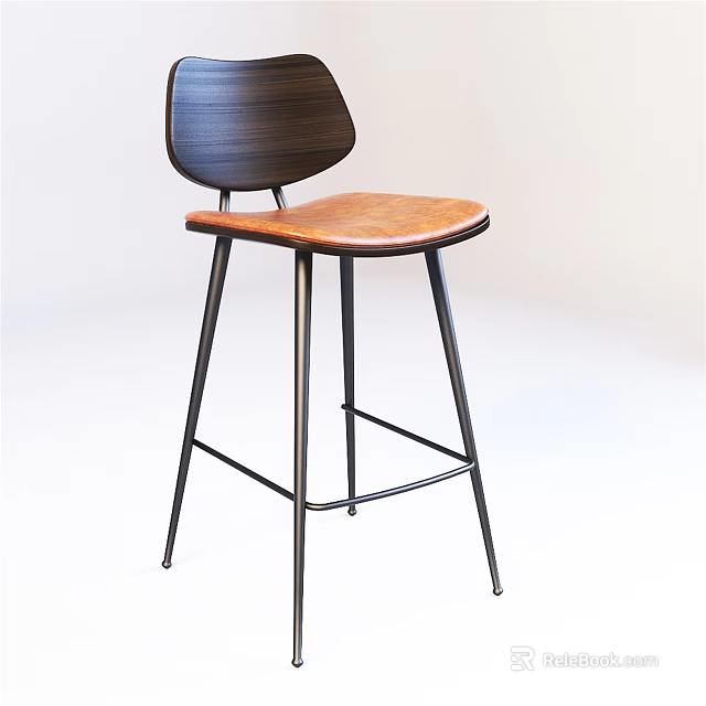 Modern Bar Stool With Dark Wooden Backrest Brown Leather Seat And Metal Frame 3d model 