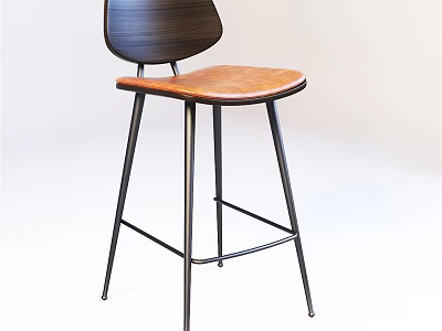 Modern Bar Stool With Dark Wooden Backrest Brown Leather Seat And Metal Frame 3d model