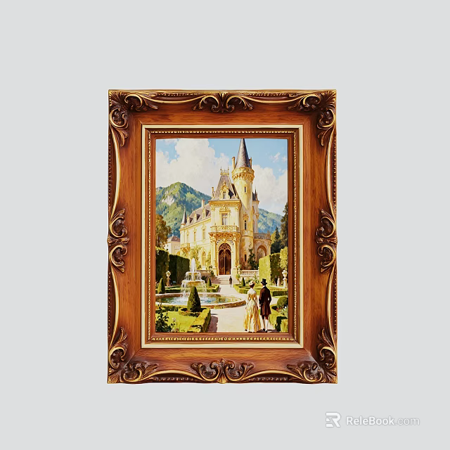 Ornate Gold Carved Picture Frame Featuring Castle Garden Scene with People and Mountains 3d model 