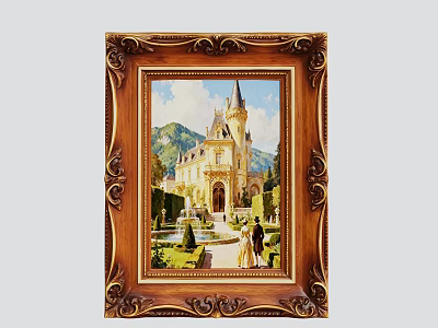 Ornate Gold Carved Picture Frame Featuring Castle Garden Scene with People and Mountains 3d model