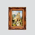Ornate Gold Carved Picture Frame Featuring Castle Garden Scene with People and Mountains