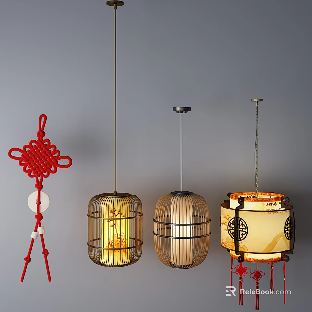 Traditional Chinese Lanterns With Red Chinese Knot Bamboo Frames And Intricate Patterns 3d model 