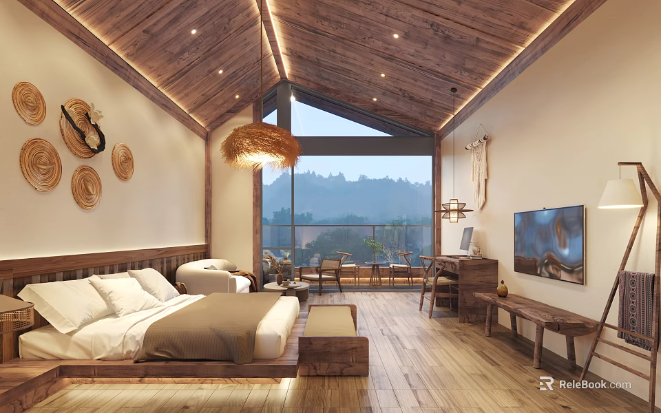 Hotel Room Featuring Wooden Ceiling Woven Straw Pendant Light And Mountain View Through Large Window 3d model 