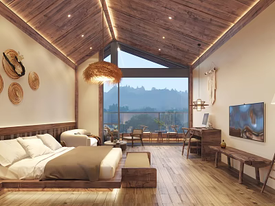 Hotel Room Featuring Wooden Ceiling Woven Straw Pendant Light And Mountain View Through Large Window 3d model