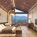 Hotel Room Featuring Wooden Ceiling Woven Straw Pendant Light And Mountain View Through Large Window