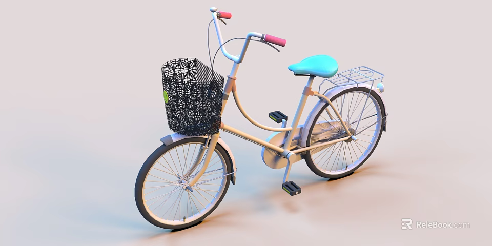 Light Colored Bicycle With Pink Handlebars Blue Seat Rear Rack And Black Mesh Basket 3d model 