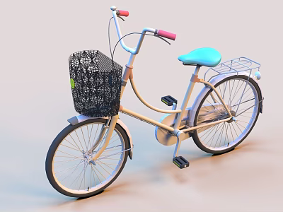 Light Colored Bicycle With Pink Handlebars Blue Seat Rear Rack And Black Mesh Basket 3d model