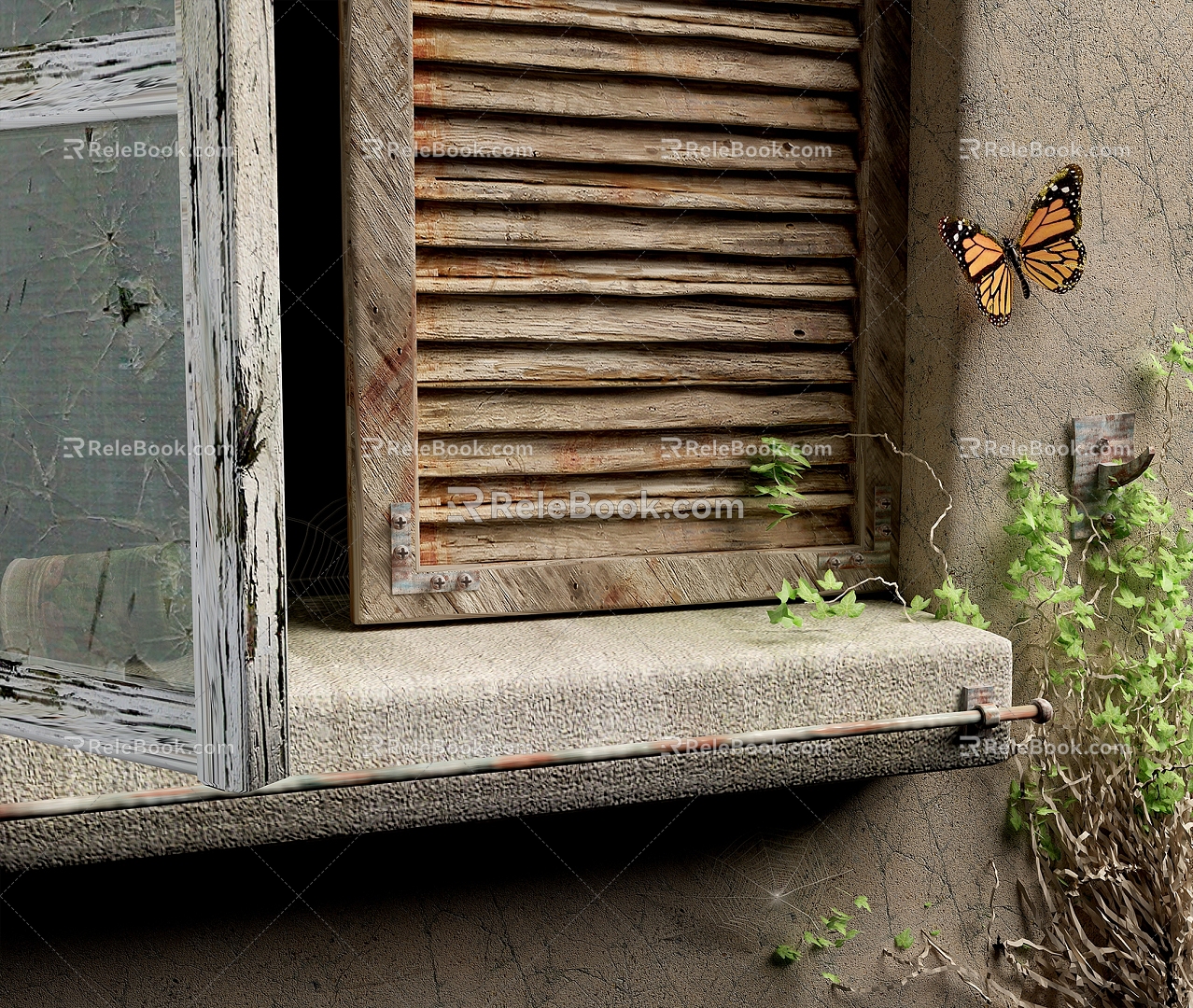 window broken window spider web butterfly 3d model