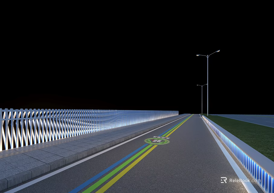 Nighttime Road Design With Colorful Bike Lanes Illuminated Guardrail And Street Lamps 3d model 