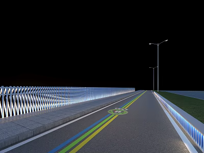 Nighttime Road Design With Colorful Bike Lanes Illuminated Guardrail And Street Lamps 3d model