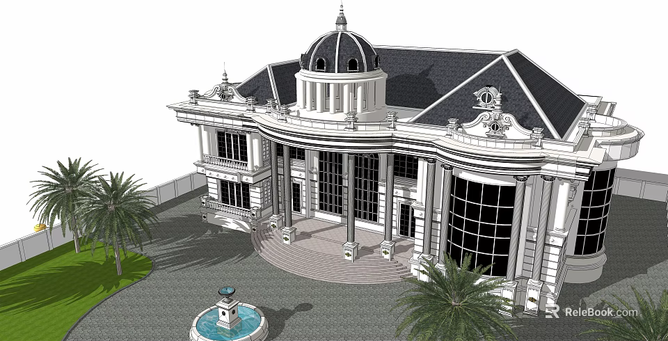 Elegant Classical Single Family Villa With Domed Roof Columns Large Windows Fountain And Palm Trees 3d model 