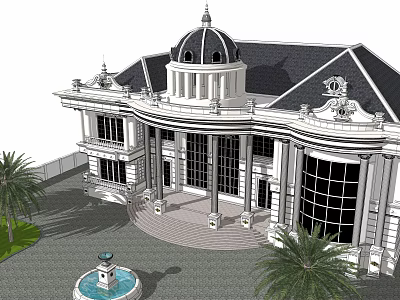 Elegant Classical Single Family Villa With Domed Roof Columns Large Windows Fountain And Palm Trees 3d model