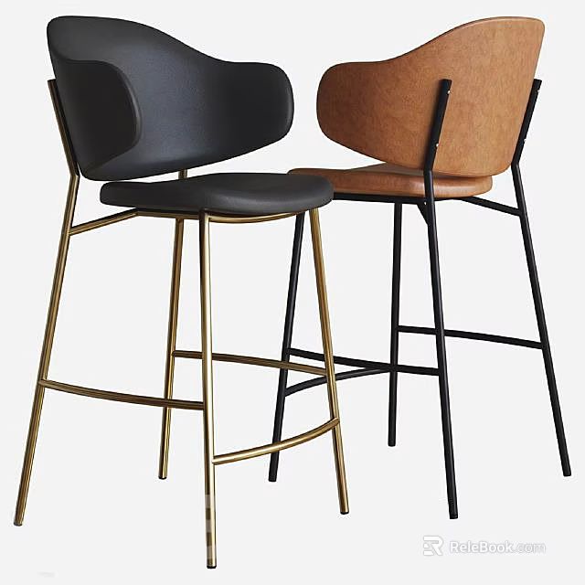 Stylish Black and Brown Leather Bar Stools with Metal Legs Design 3d model 