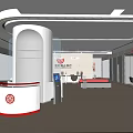 Modern Government Service Hall With White Reception Desk Red Logo And Self Service Kiosk