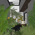 Lush Tropical Plant Combination in Indoor Outdoor Courtyard with Seating Area and Skylight Natural Light