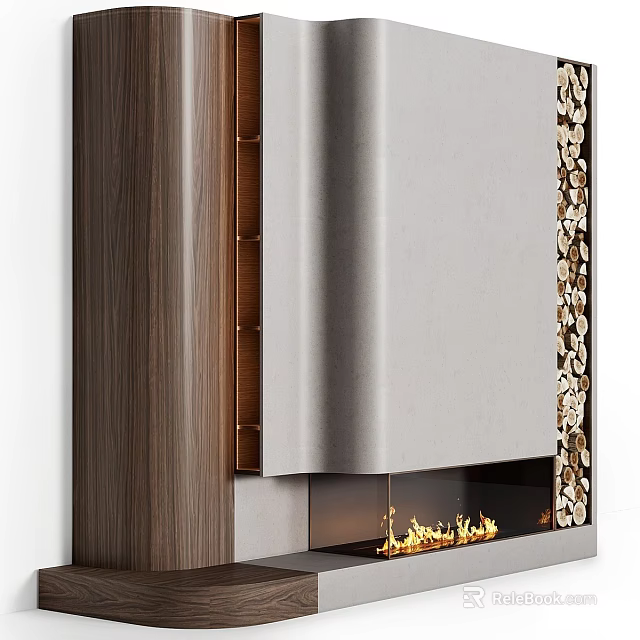 Modern Minimalist Fireplace With Wooden Frame Gray Panel And Stacked Firewood Burning Flames 3d model 