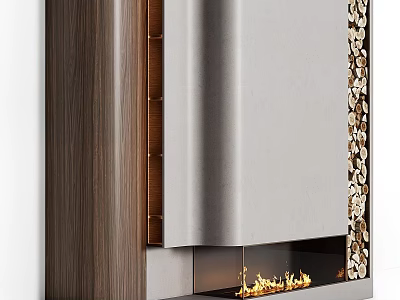 Modern Minimalist Fireplace With Wooden Frame Gray Panel And Stacked Firewood Burning Flames 3d model