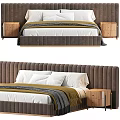 Modern Double Bed With Upholstered Headboard White Pillows Throw Blanket And Wooden Nightstand