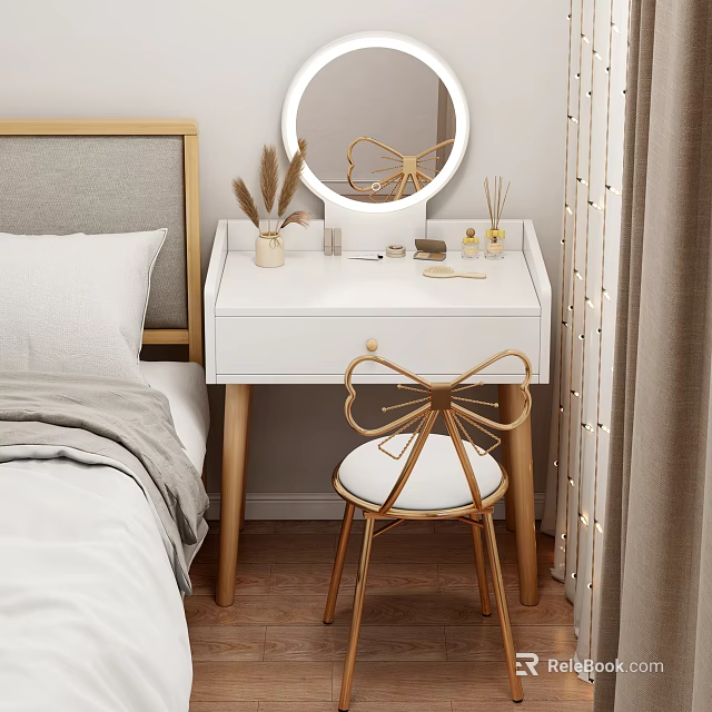 White Dressing Table With Gold Accents Round Mirror And Matching Stool In Bedroom 3d model 