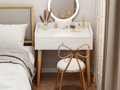White Dressing Table With Gold Accents Round Mirror And Matching Stool In Bedroom 3d model