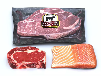 Premium Fresh Cutterfield Angus Beef Steak and Raw Salmon Fillet 3d model
