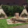 Garden Landscape With Wooden Triangle Tents Lush Green Lawn And Outdoor Seating Areas