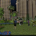 Garden Landscape With Tall Buildings Lush Lawn Colorful Flowers Palm Trees And Arched Trellis