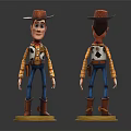 Woody Cowboy Toy Figure Front Back View Brown Hat Vest Blue Pants On Yellow Base