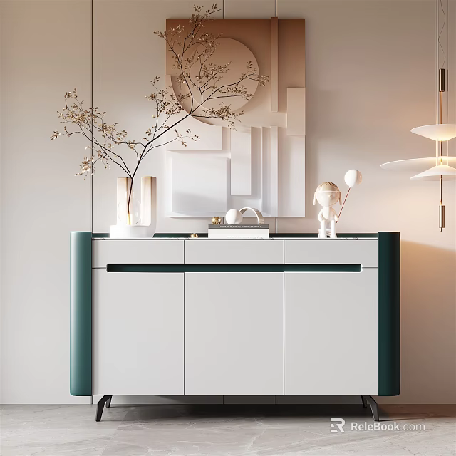Elegant Modern Entryway Console Cabinet With White Green Finish And Decorative Vases Mirror 3d model 