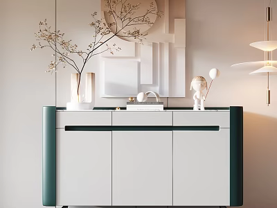 Elegant Modern Entryway Console Cabinet With White Green Finish And Decorative Vases Mirror 3d model