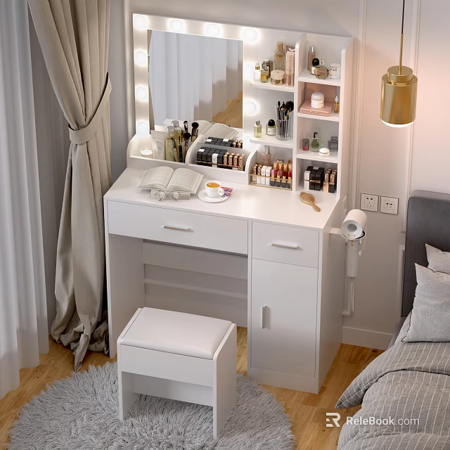 White Dressing Table With Lighted Mirror Drawers And Stool For Bedroom 3d model 