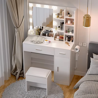 White Dressing Table With Lighted Mirror Drawers And Stool For Bedroom 3d model