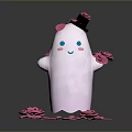 Cute White Ghost Character With Black Top Hat Pink Roses Smiling Blush Face And Scattered Petals