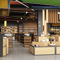 Modern Retail Store Interior With Wooden Shelves Product Displays Green Ceiling And TV Screen