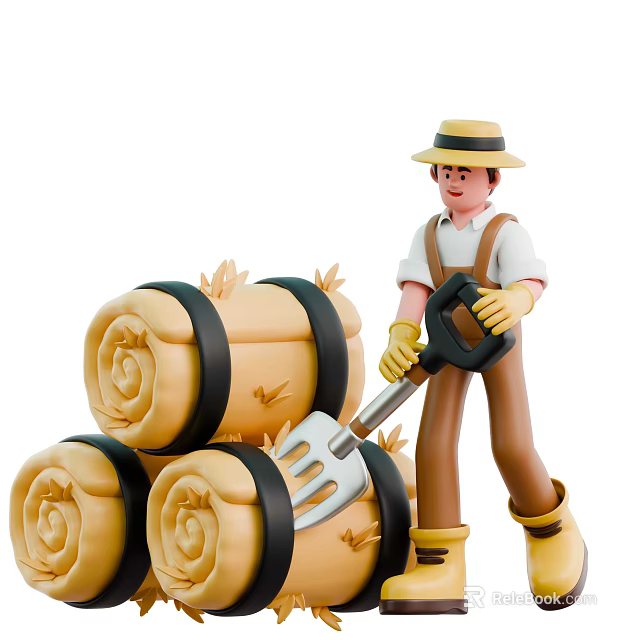 Man wearing straw hat overalls yellow gloves handling hay bales with pitchfork 3d model 