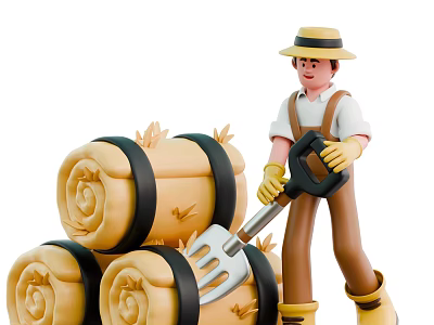 Man wearing straw hat overalls yellow gloves handling hay bales with pitchfork 3d model